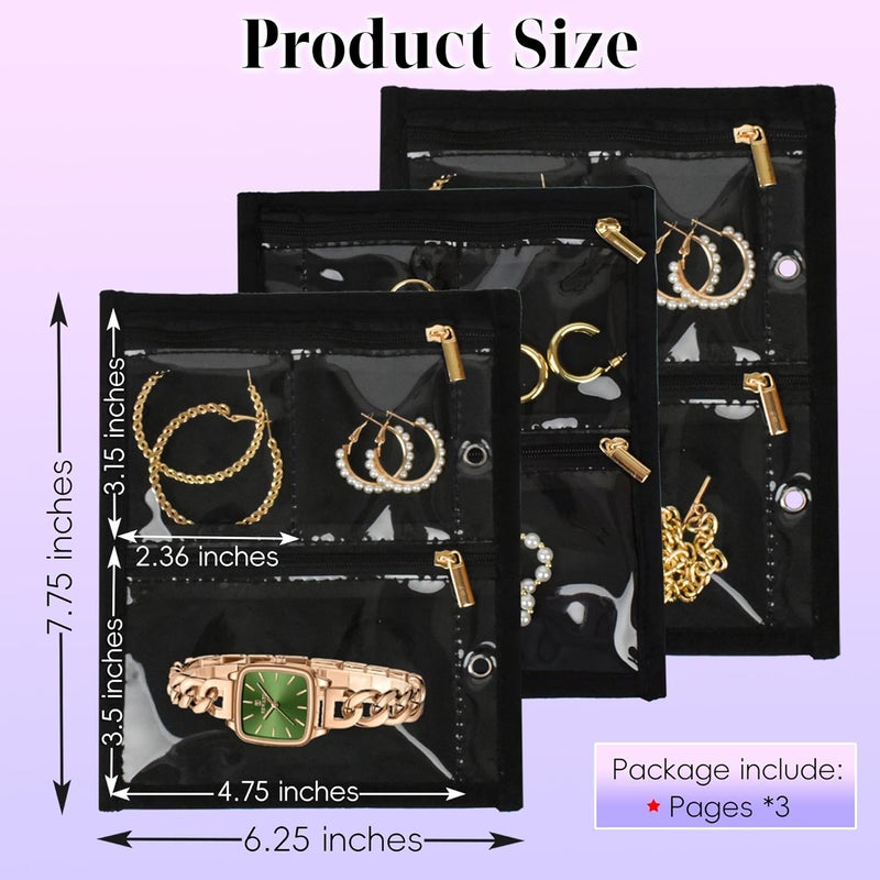 LingLingo Travel Jewelry Organizer Case,Jewelry Bags Jewelry Storage Book Binder with Clear Zipper Velvet Pouch for Traveling,Earrings, Rings, Necklace, Bracelet (Inner Pages, 3 PCS) - Image 2